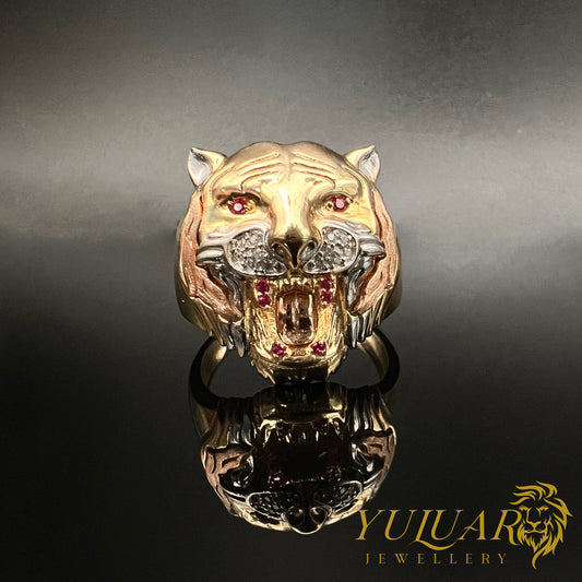 Men's Lion Ring CZ 14K Gold